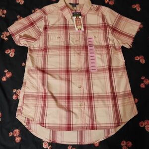 Eddie Bauer Beige and Red Plaid Button Down Shirt